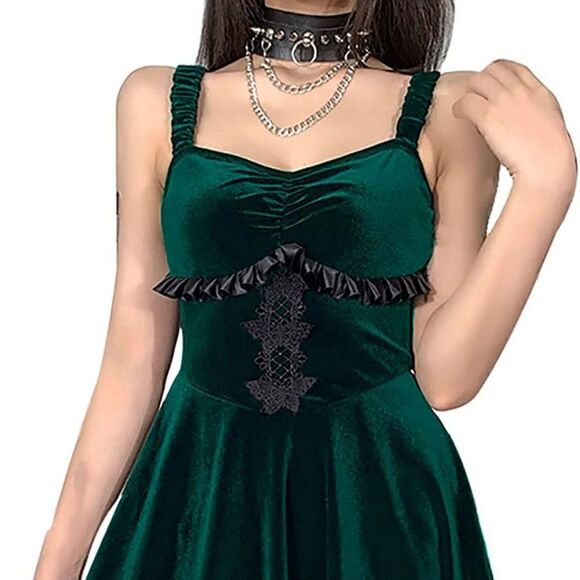 Gothic Retro Green Velvet Butterflies Patchwork Steampunk Party Dress SIZE L NEW - Picture 2 of 14